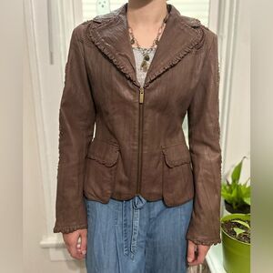 Vintage Brown Leather Jacket Beaded Embroidered Ruffles Y2K Blanc Noir Sz Large